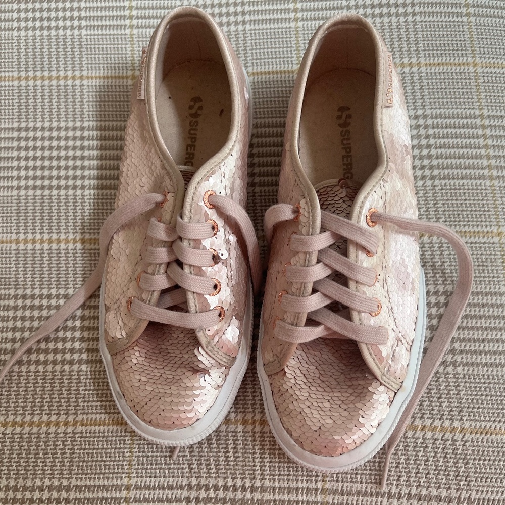 Superga Womens Textured Sequin Round Toe Lace Up Low Top Sneakers Pink - Picture 4 of 11
